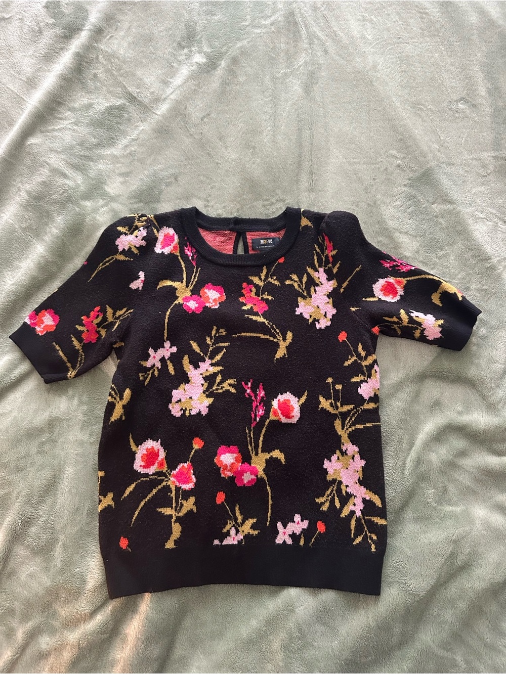 Anthropologie Black Crewneck Sweater with Pink & Red Floral Jacquard
